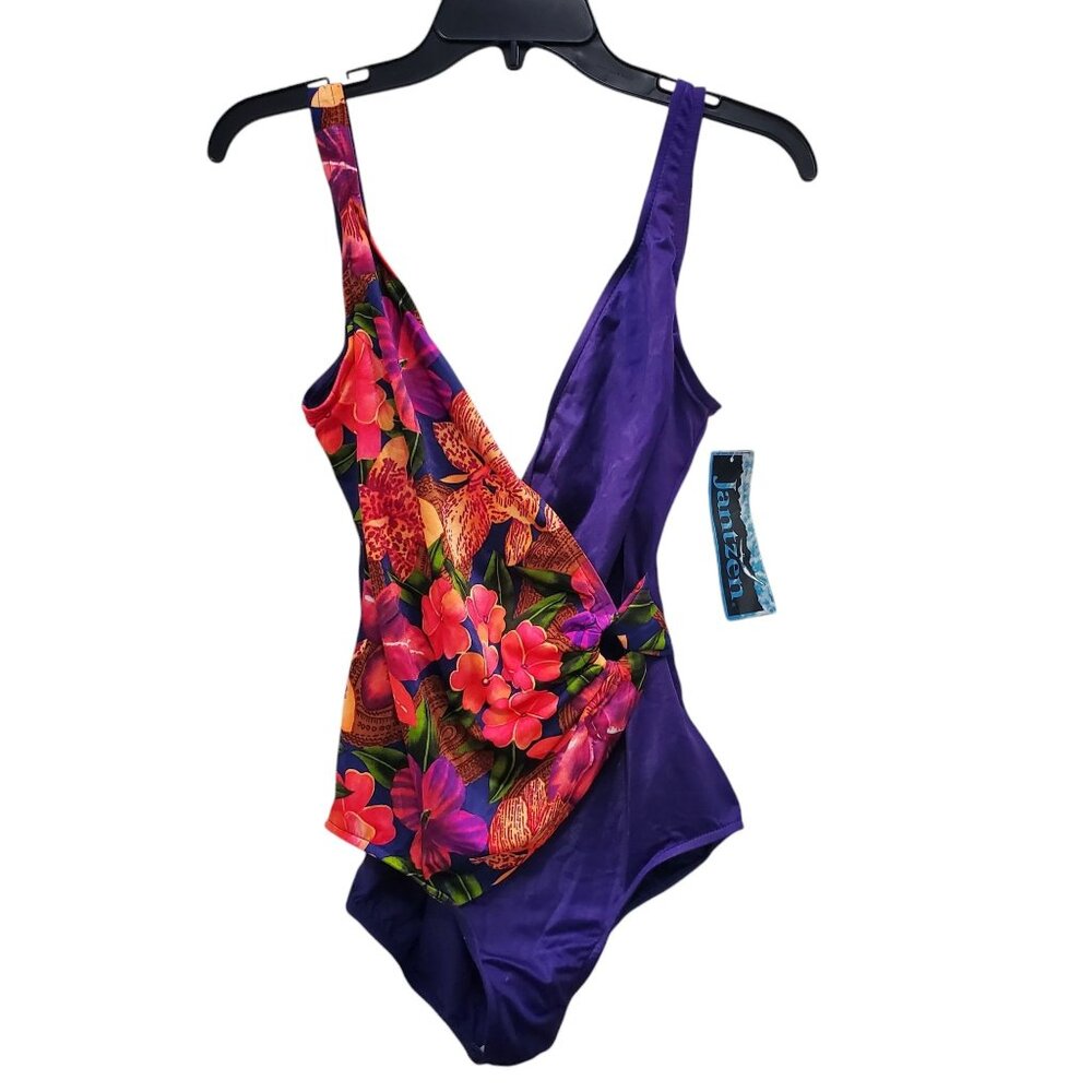 Jantzen Woman's 80s Purple Tropical Surplus Wrap One Piece Swimsuit NWT‎ Plus 16